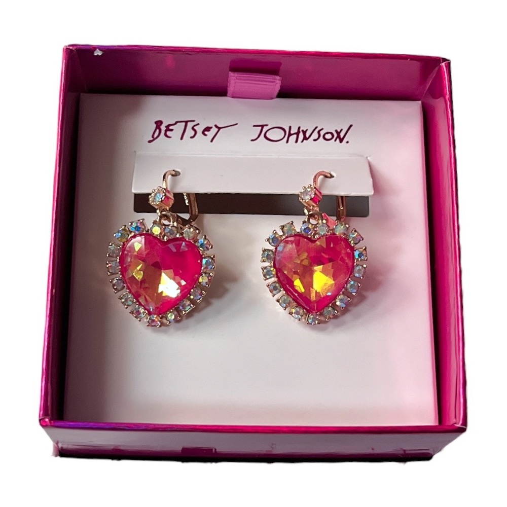 Betsey Johnson Heart Drop Rhinestone Earrings Pink Gold Tone